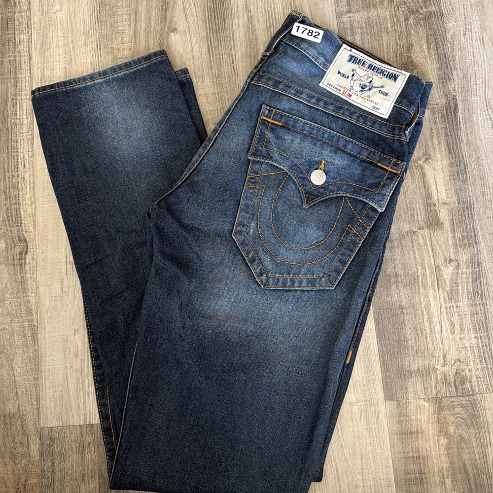 True Religion Slim Fit Jeans Mens Sz 32 Actual 36x34 Blue Dark Wash Flap Pockets